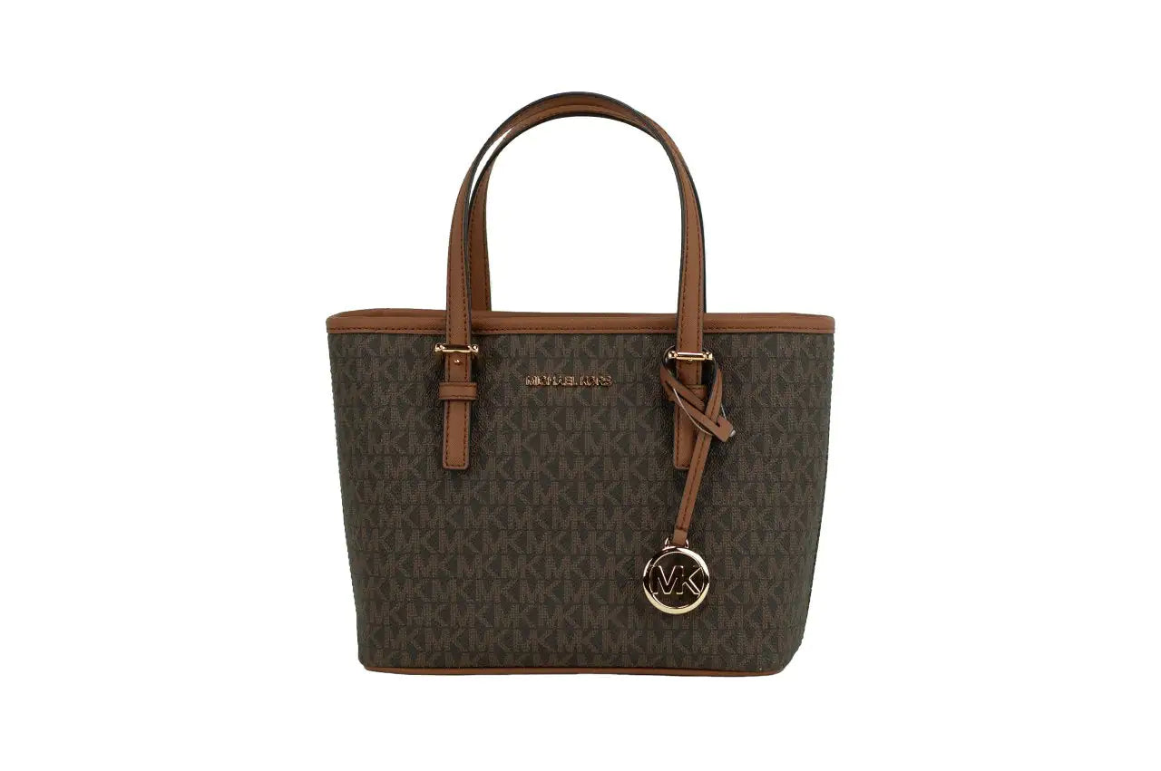 Michael Kors Jet Set Brown Signature XS Carryall Top Zip Crossbody Tote Handbag