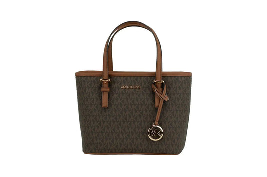 Michael Kors Jet Set Brown Signature XS Carryall Top Zip Crossbody Tote Handbag