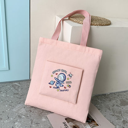 Cartoon Cute Astronaut Tote Bag Printed One-Shoulder Female Large Capacity Canvas Bag Korean Version Of The Small Fresh Shoulder Bag