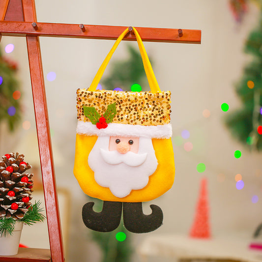 Christmas decoration items, yellow Santa Claus tote bag, glitter Christmas gift bag