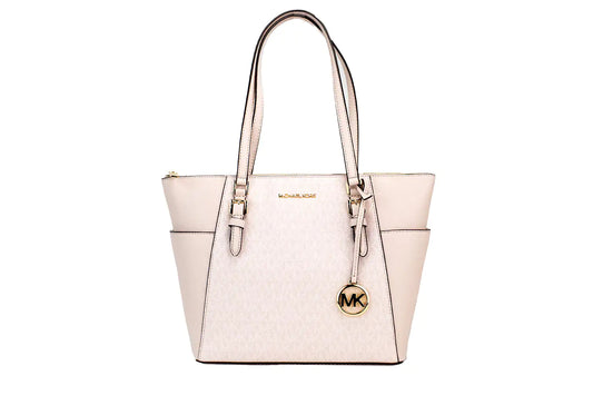 Michael Kors Charlotte Large Light Powder Blush Signature PVC Top Zip Tote Handbag