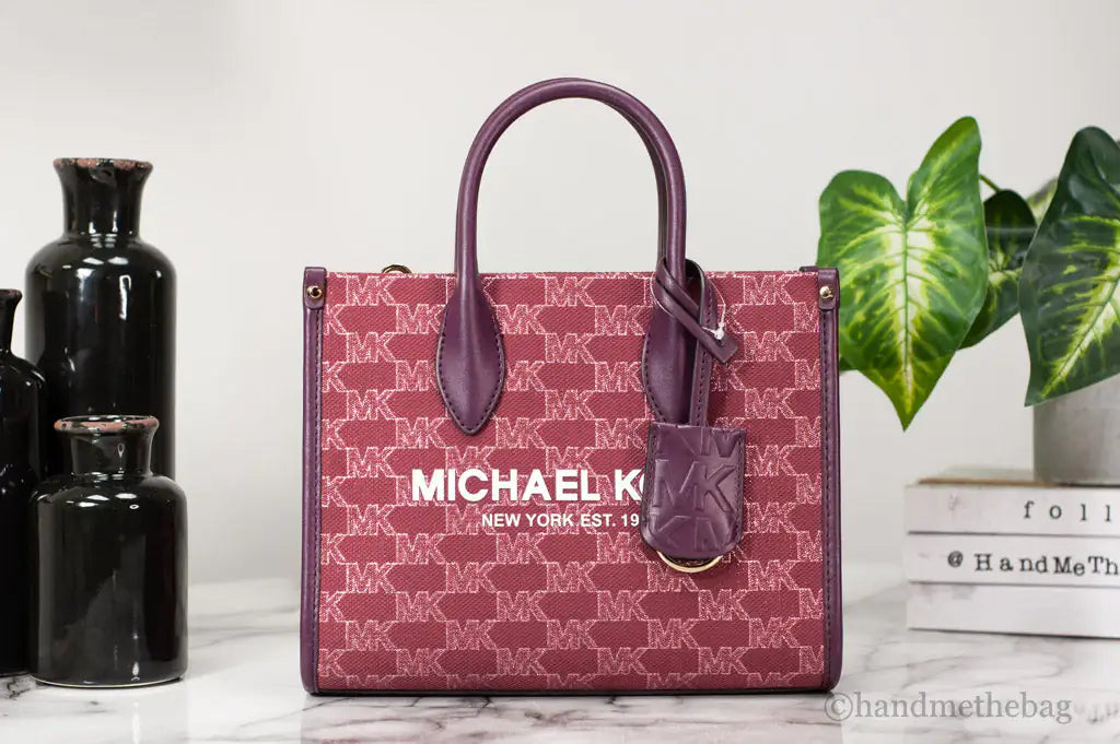 Michael Kors Mirella Small Mulberry Canvas Top Zip Shopper Tote Crossbody Bag