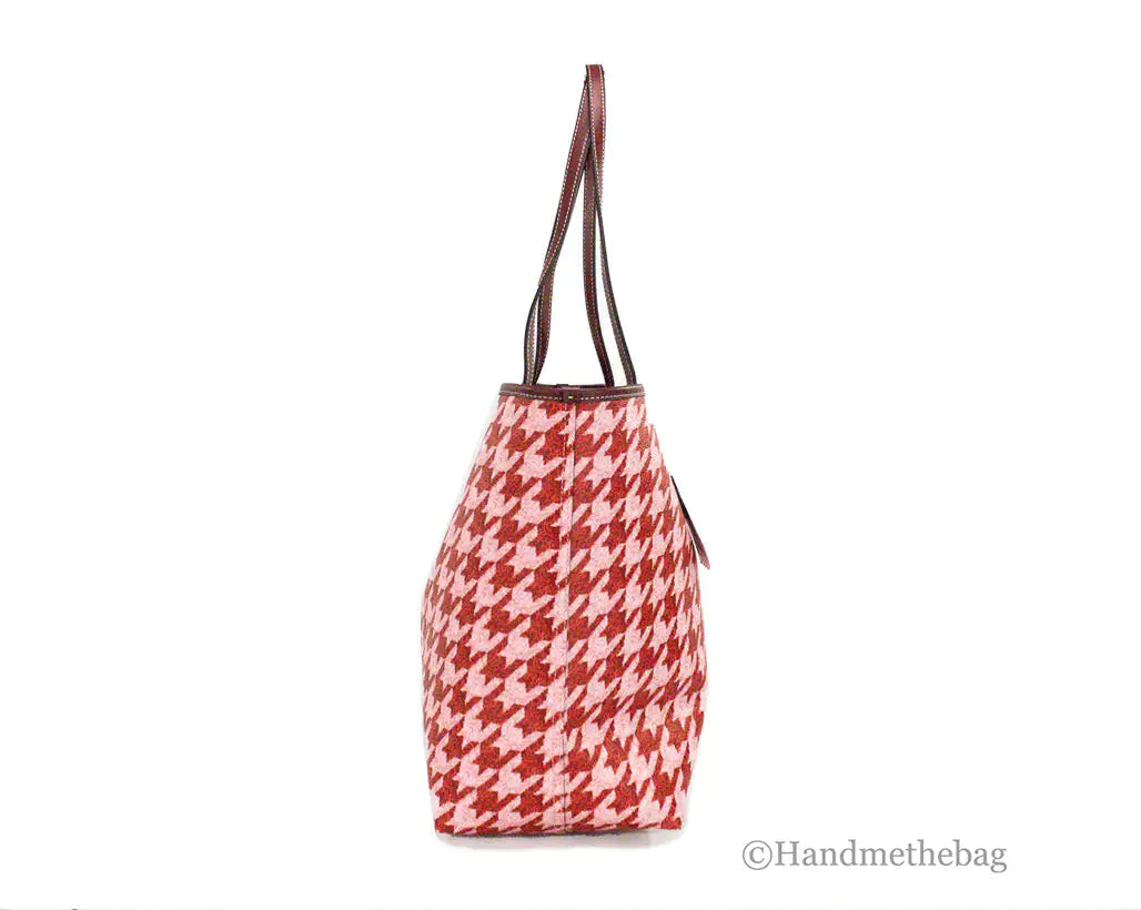 Coach Pink Red Houndstooth Coated Canvas City Tote