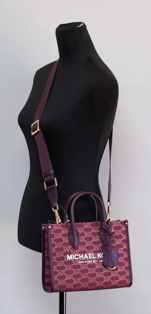 Michael Kors Mirella Small Mulberry Canvas Top Zip Shopper Tote Crossbody Bag