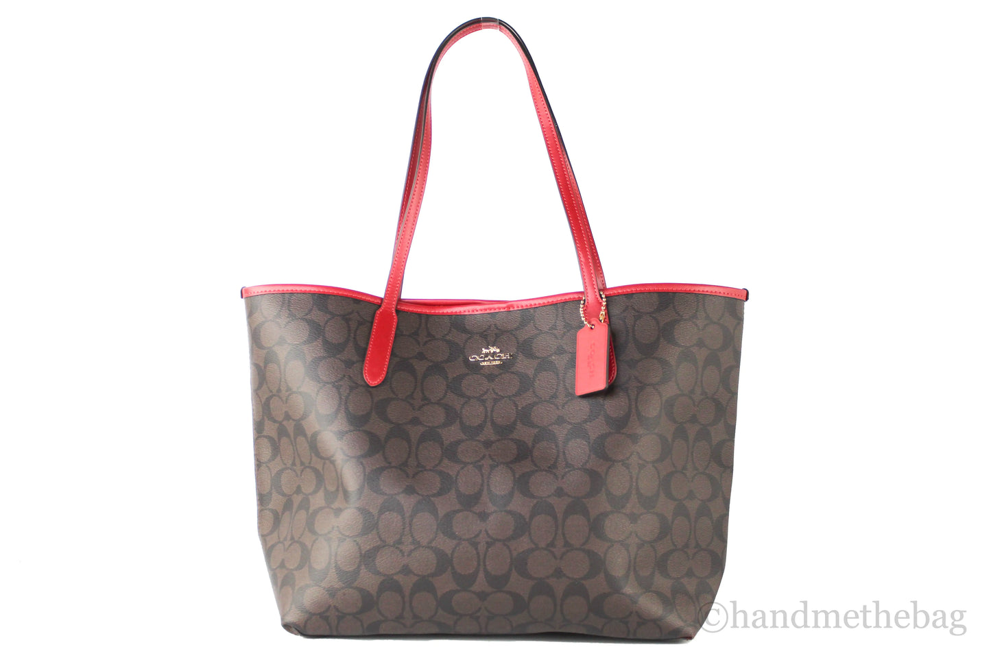 Coach (5696) Brown Red Signature Coated Canvas City Tote Shoulder Bag Handbag