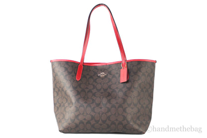 Coach (5696) Brown Red Signature Coated Canvas City Tote Shoulder Bag Handbag
