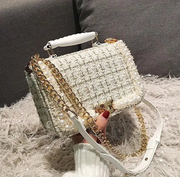 Fashion New Female Square Tote bag Quality Woolen Pearl Women's Designer Handbag Ladies Chain Shoulder Crossbody Bag Travel