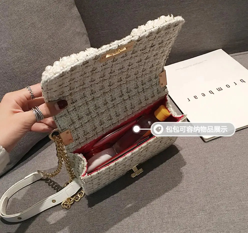 Fashion New Female Square Tote bag Quality Woolen Pearl Women's Designer Handbag Ladies Chain Shoulder Crossbody Bag Travel