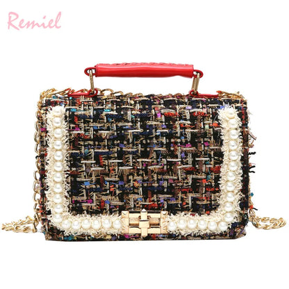 Fashion New Female Square Tote bag Quality Woolen Pearl Women's Designer Handbag Ladies Chain Shoulder Crossbody Bag Travel