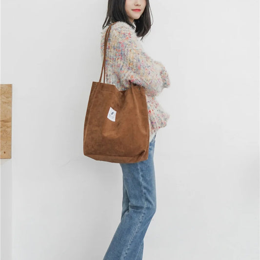 High Capacity Women Corduroy Tote Ladies Casual Shoulder Bag Foldable Reusable Shopping Beach Bag