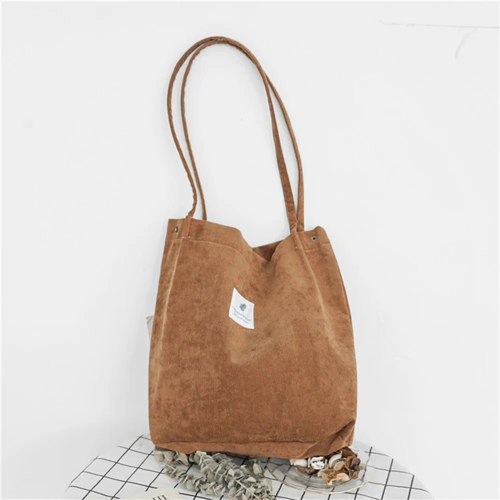 High Capacity Women Corduroy Tote Ladies Casual Shoulder Bag Foldable Reusable Shopping Beach Bag