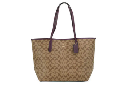 Coach (5696) Signature Coated Canvas Khaki Boysenberry City Tote Shoulder Bag