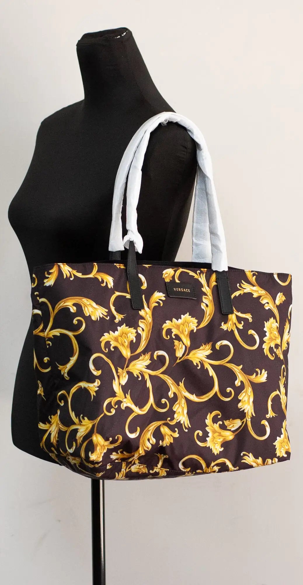 Versace Large Black Gold Print Nylon Stampato Tote