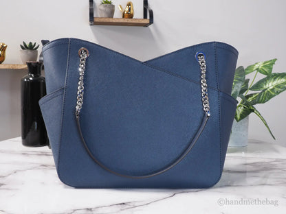 Michael Kors Jet Set Large Navy Saffiano X Cross Chain Shoulder Tote Hand Bag