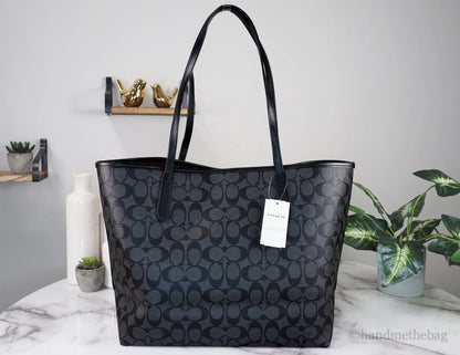 Coach (5696) Graphite Black Signature Coated Canvas City Tote Shoulder Handbag