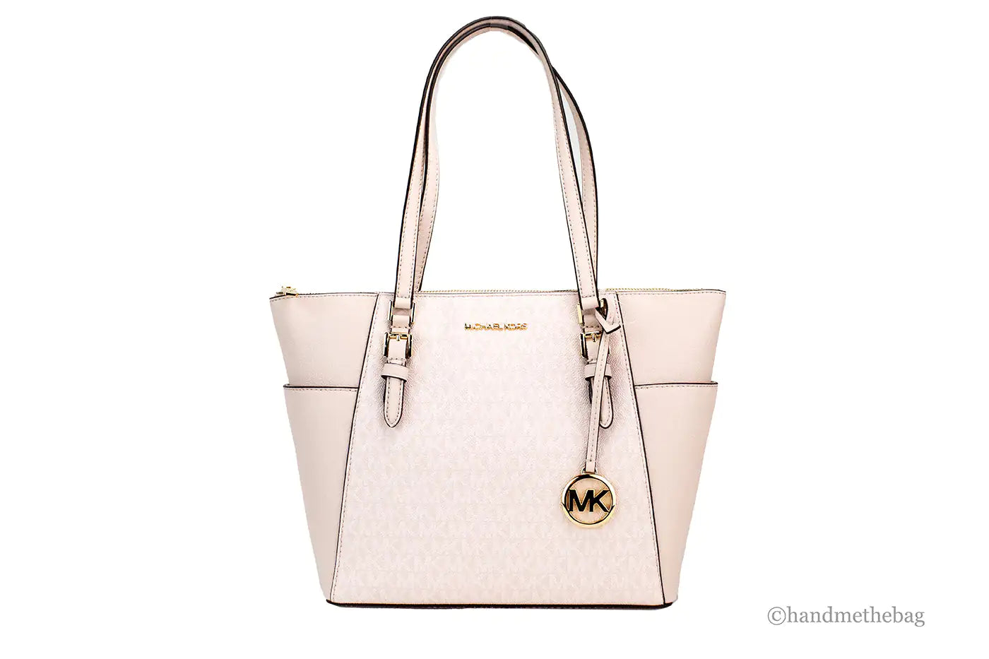 Michael Kors Charlotte Large Light Powder Blush Signature PVC Top Zip Tote Handbag