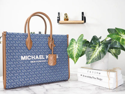 Michael Kors Mirella Medium Signature Denim Logo Canvas East West Tote Handbag