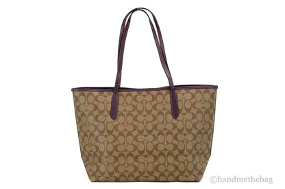 Coach (5696) Signature Coated Canvas Khaki Boysenberry City Tote Shoulder Bag