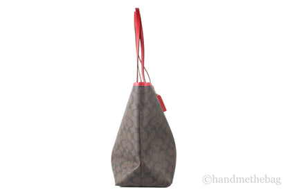 Coach (5696) Brown Red Signature Coated Canvas City Tote Shoulder Bag Handbag