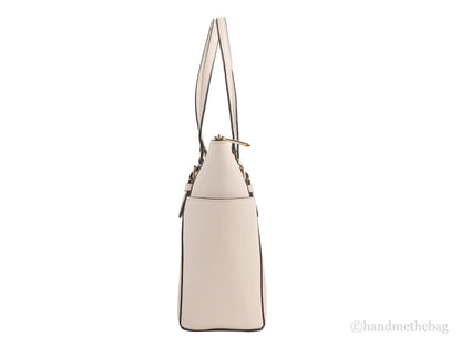 Michael Kors Charlotte Large Dark Powder Blush Signature PVC Top Zip Tote Handbag