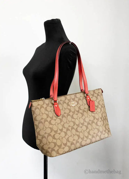 Coach Gallery Khaki Red Signature Coated Canvas Tote Bag