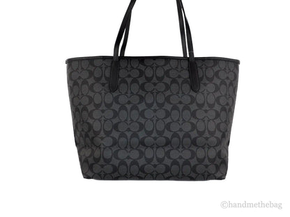 Coach (5696) Graphite Black Signature Coated Canvas City Tote Shoulder Handbag