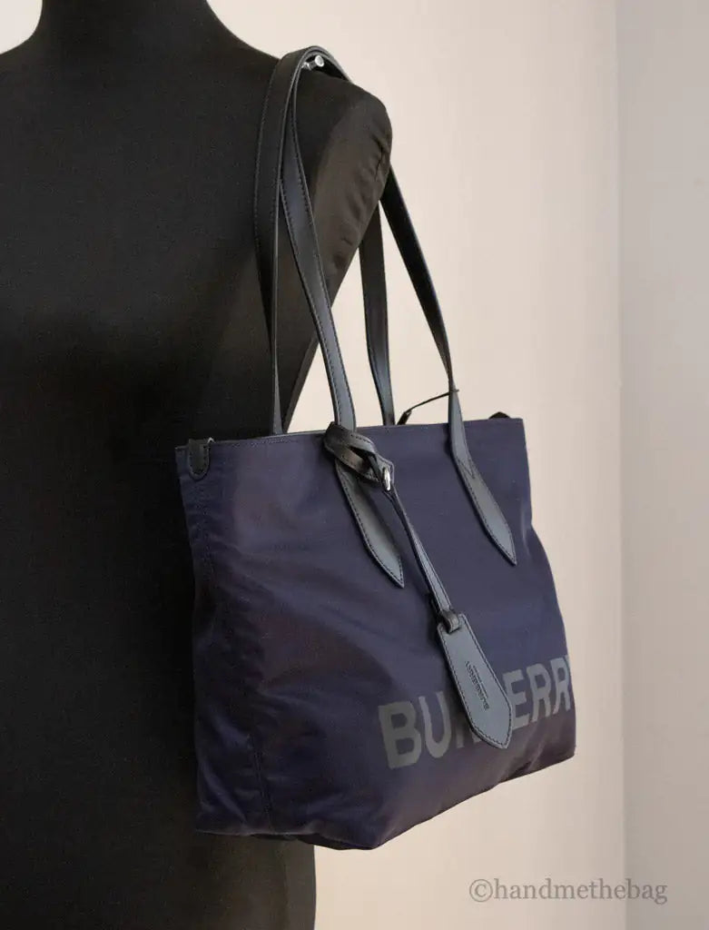 Burberry Small Navy Blue Branded Econyl Nylon Tote Bag