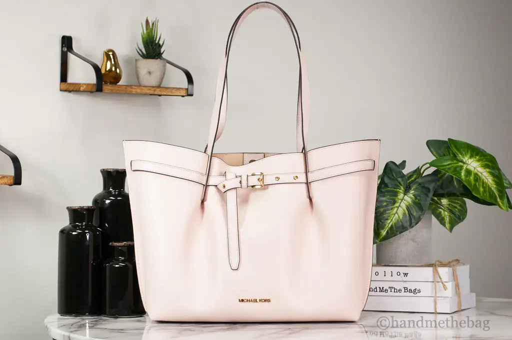 Michael Kors Emilia Large East West Powder Blush Pebbled Leather Bucket Tote Handbag