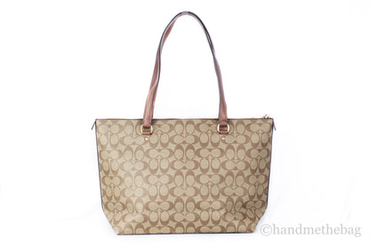 Coach Signature Coated Canvas Leather Khaki Saddle Gallery Tote