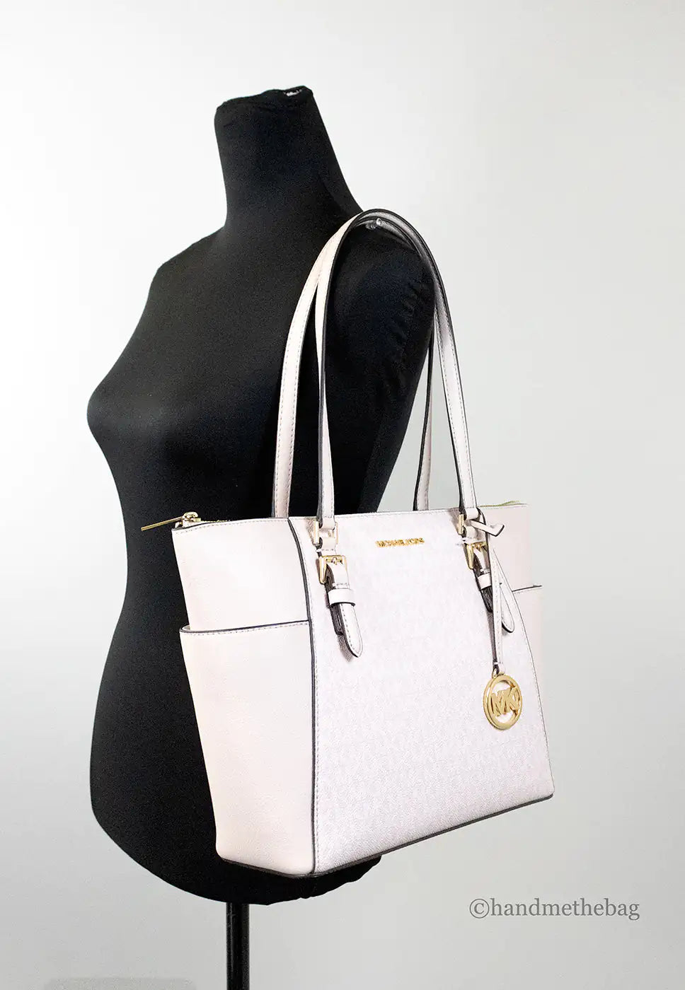 Michael Kors Charlotte Large Light Powder Blush Signature PVC Top Zip Tote Handbag