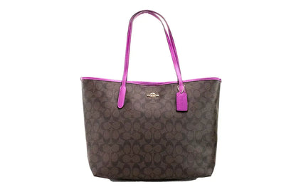 Coach (5696) Graphite Brown Dark Magenta Coated Canvas City Tote Shoulder Bag