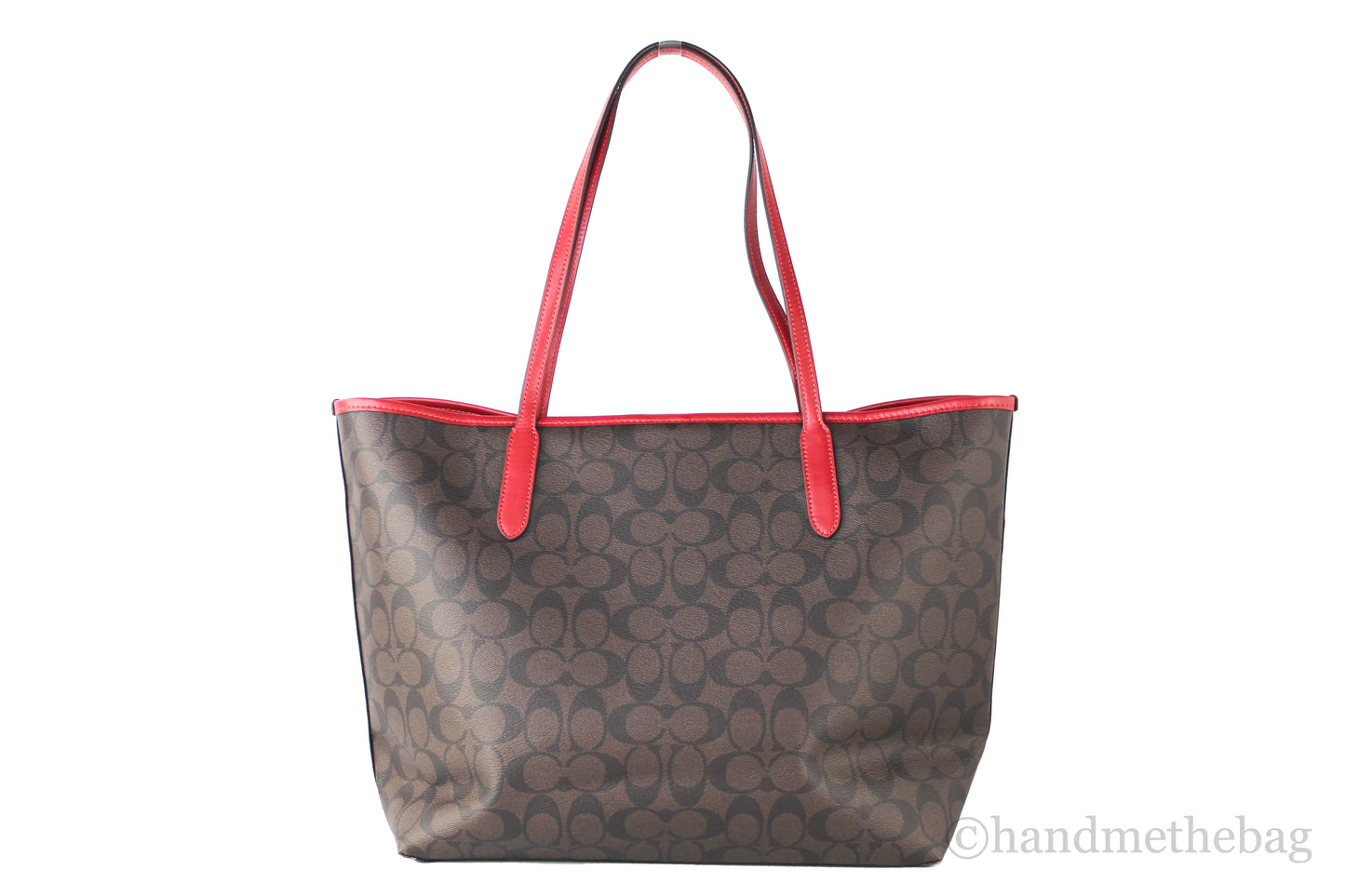 Coach (5696) Brown Red Signature Coated Canvas City Tote Shoulder Bag Handbag