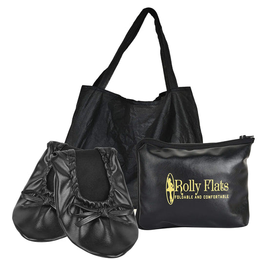 Women's Portable Foldable Ballet Flats Shoes Roll Up Slippers for Travel Large Black+expandable Tote