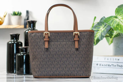 Michael Kors Jet Set Brown Signature XS Carryall Top Zip Crossbody Tote Handbag