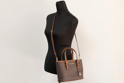 Michael Kors Jet Set Brown Signature XS Carryall Top Zip Crossbody Tote Handbag