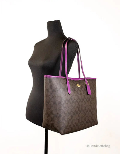 Coach (5696) Graphite Brown Dark Magenta Coated Canvas City Tote Shoulder Bag