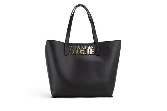 Versace Jeans Couture Black Grained Faux Leather Logo Lock Tote Shoulder Handbag