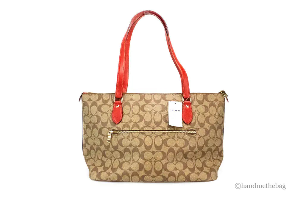 Coach Gallery Khaki Red Signature Coated Canvas Tote Bag