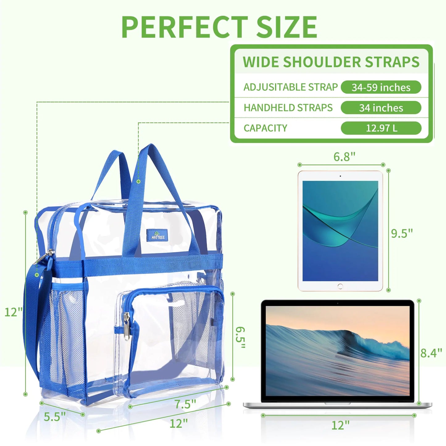 MAY TREE Clear Bag for Stadium Events 12×6×12 Clear Tote Lunch Bag with Reinforced Straps for Work and Sporting Events Blue