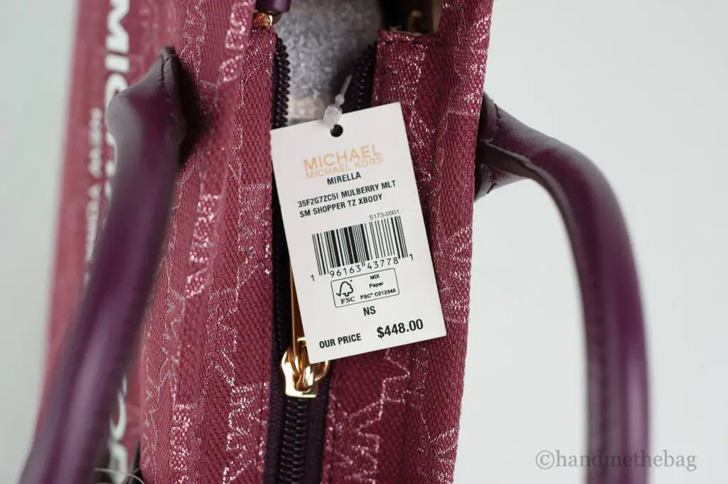 Michael Kors Mirella Small Mulberry Canvas Top Zip Shopper Tote Crossbody Bag