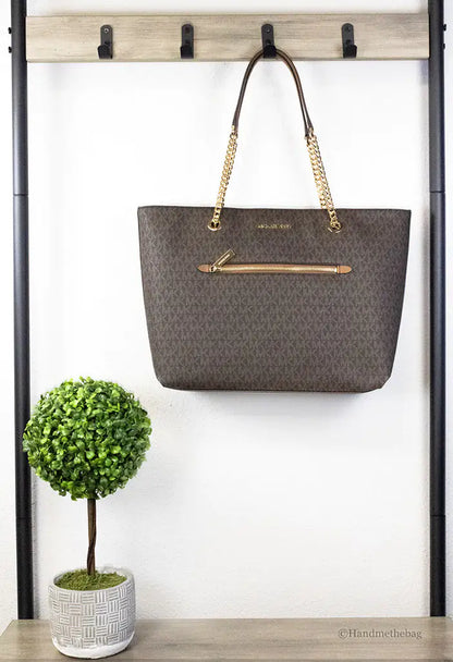 Michael Kors Jet Set Medium Brown Zip Chain Tote