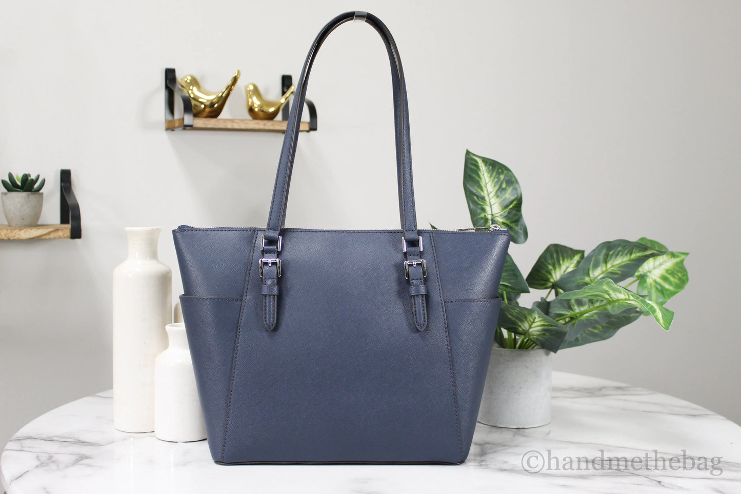 Michael Kors Charlotte Navy Leather Large Top Zip Tote