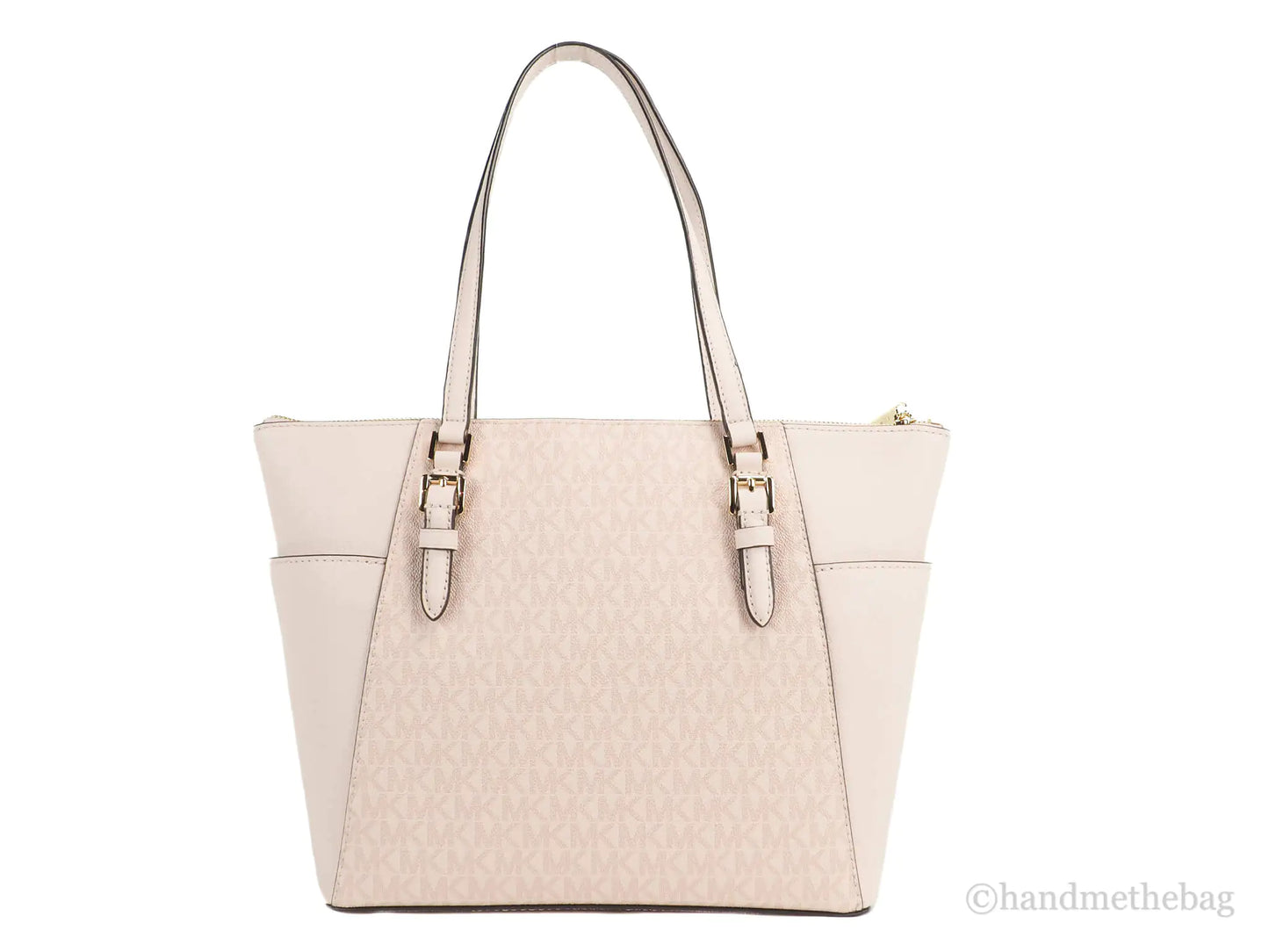 Michael Kors Charlotte Large Dark Powder Blush Signature PVC Top Zip Tote Handbag