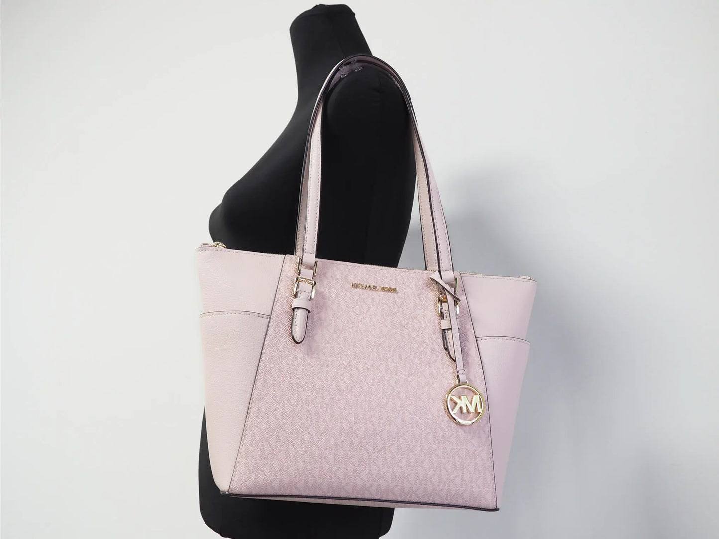 Michael Kors Charlotte Large Dark Powder Blush Signature PVC Top Zip Tote Handbag