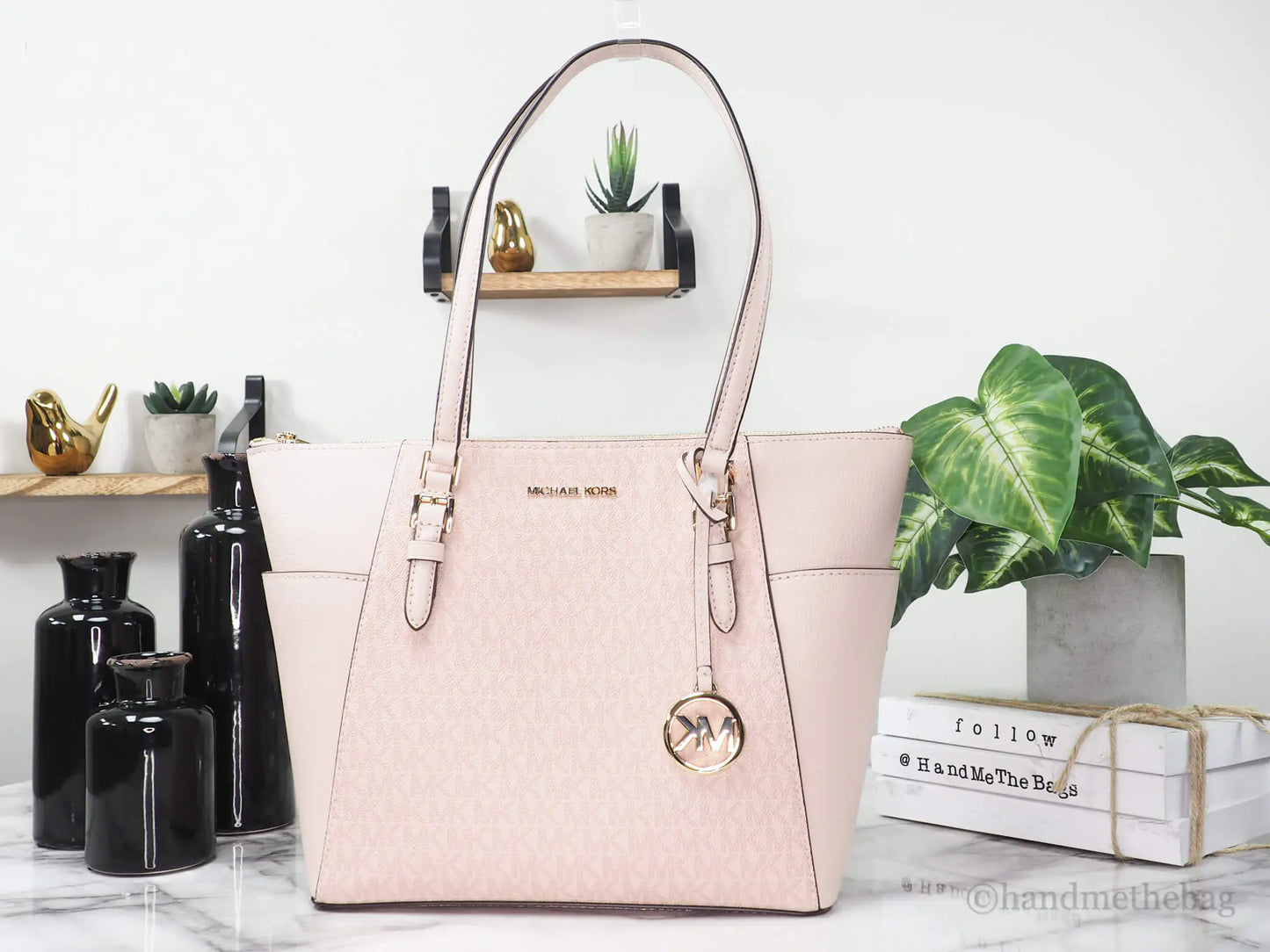 Michael Kors Charlotte Large Dark Powder Blush Signature PVC Top Zip Tote Handbag