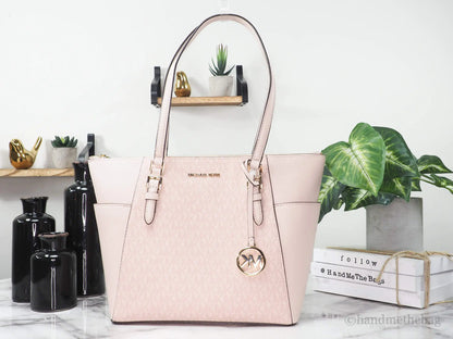 Michael Kors Charlotte Large Dark Powder Blush Signature PVC Top Zip Tote Handbag