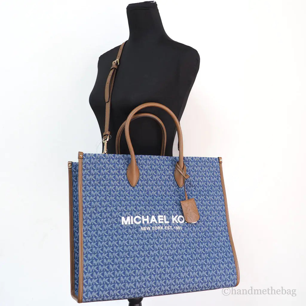 Michael Kors Mirella Large Signature Denim Logo Canvas North South Tote Handbag