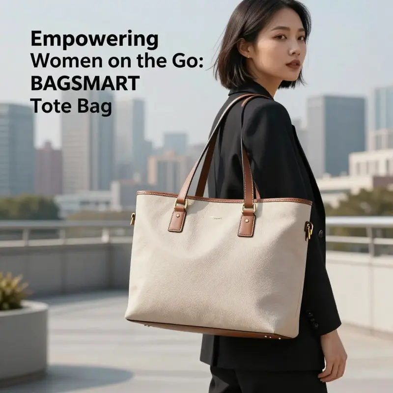 The BAGSMART Tote Bag set against an urban skyline, illustrating its appeal to stylish, professional women.