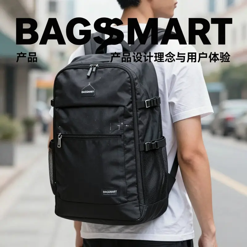 BAGSMART’s distinctive logo and a collection of their innovative bags reflecting its genderless design philosophy.