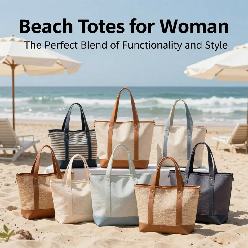 An array of stylish beach totes for women on a bright beach, representing options for customers.